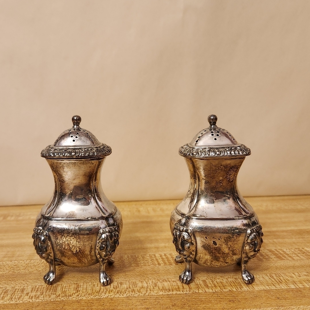 Vintage Silver Salt and Pepper Shakers   Ellis barker lion head footed
